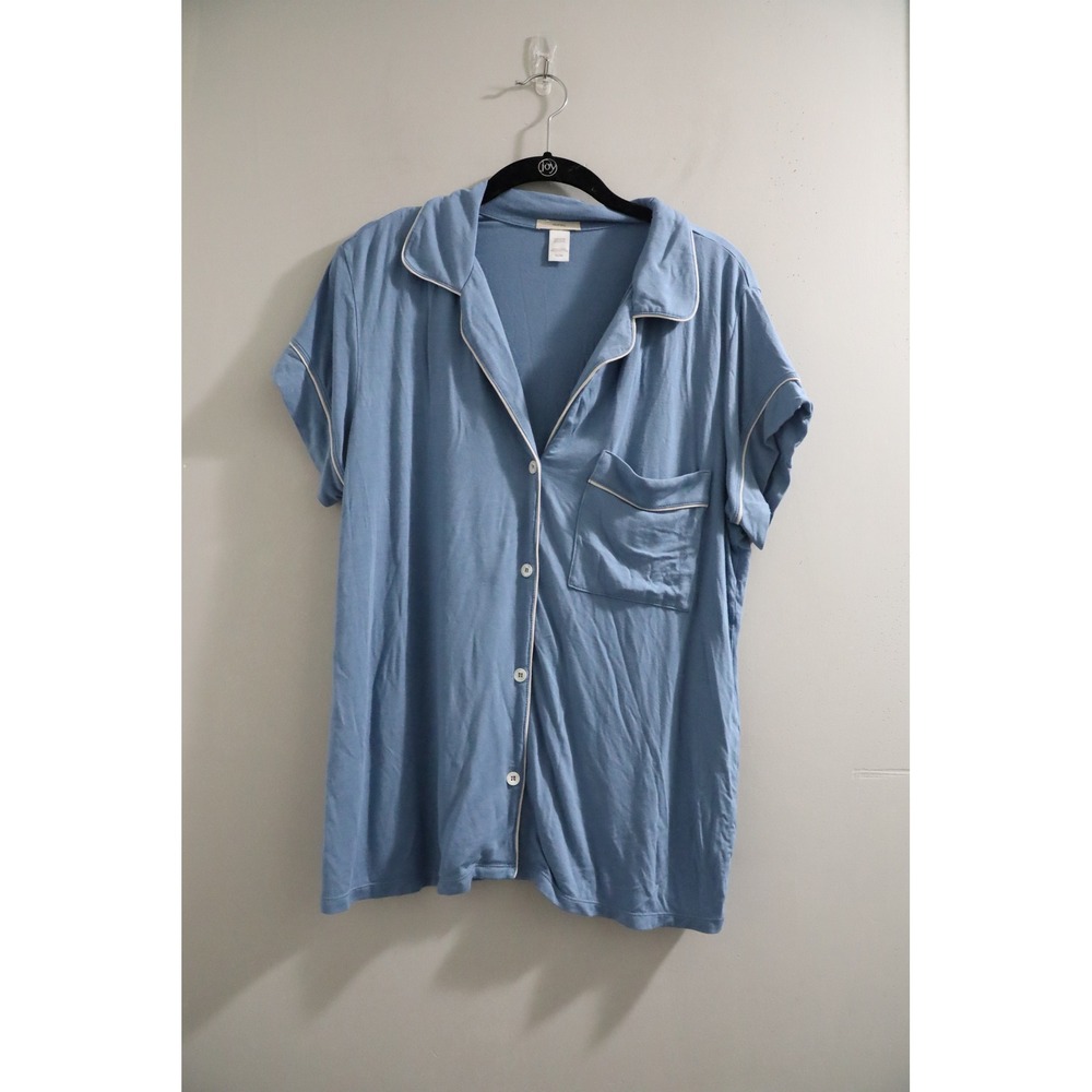 Eberjey Pajama Top Blue Short Sleeve‎ Modal Button Down Shirt Womens Medium